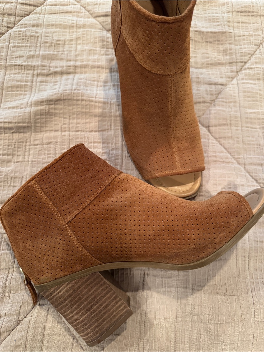 Franco Sarto Perforated Open-Toe Ankle Booties in Tan Suede